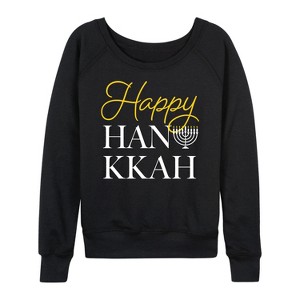 Women's - Instant Message - Happy Hanukkah Lightweight French Terry Wide Neck Long Sleeve Graphic Shirt - 1 of 4