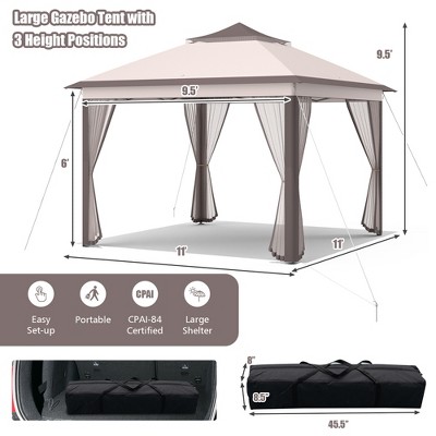 Beige and Brown 11'x11' 2-Tier Pop-Up Gazebo Tent with Mesh