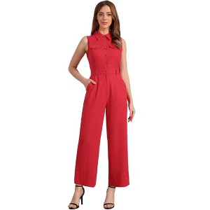 Allegra K Women's Button Down Collared Wide Leg Tie-Waist Sleeveless Cargo Jumpsuits - 1 of 4