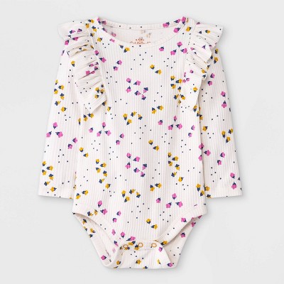 Image of Baby Girls' Floral Ditsy Ruffle Long Sleeve Bodysuit - Cat & Jack™ Off-White Newborn