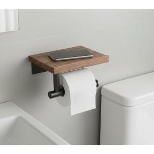 XINGHANZHENXUAN Wall Mounted Toilet Paper Holder with Wood Shelf | Matte Black & Walnut Bathroom Organizer - 1 of 4