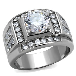 Slickblue Men's Silver Statement Ring, 9 mm CZ Center Stone with Channel Accent, Polished Stainless Steel, Sizes 8–13 - 1 of 4