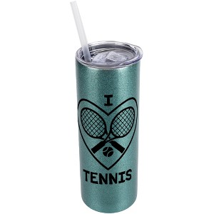 Elanze Designs Turquoise Blue 20 Ounce Double Wall Stainless Steel Glitter Travel Tumbler With Sliding Lid And Straw, I Love Tennis - 1 of 4
