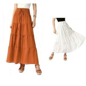 Allegra K Women's Boho Summer Smocked Elastic Waist Tiered A-Line Beach Maxi Skirt 2 Packs - 1 of 4