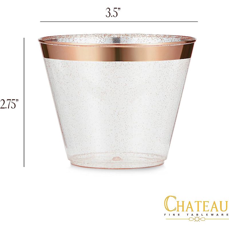 Chateau Glasses 100 Rose Gold Cups 9Oz - Rose Gold Glitter With A Rose Gold Rim - Premium Disposable Party Cups, 3 of 7