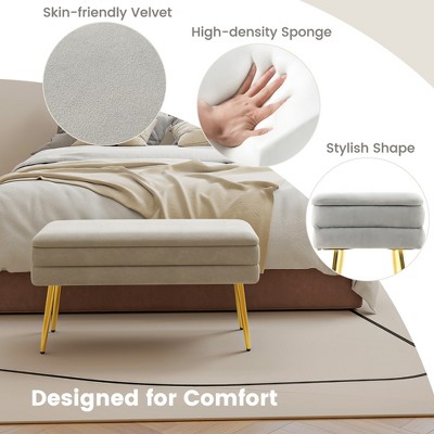 Grey Velvet Upholstered Storage Bench with Gold Metal Legs