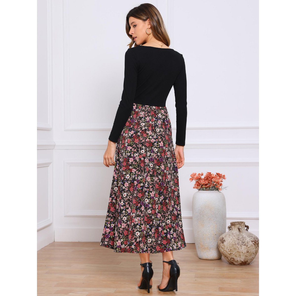 Женские платья INSPIRE CHIC Women's Maxi Swing Hem Square Neck Vintage Patchwork Party Dress Large Black Red — фото 3