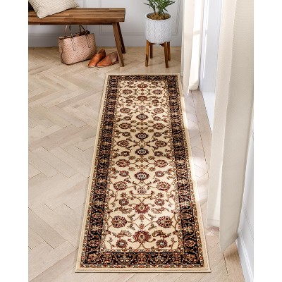 Ivory Floral Oriental Runner Rug with Black Border