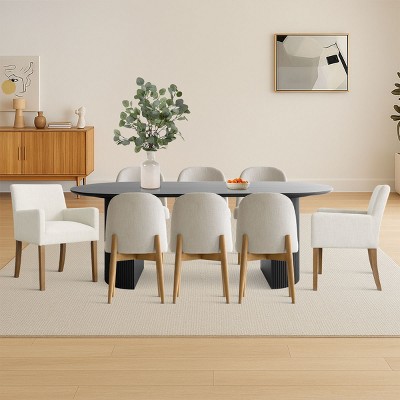 9-Piece Oval Dining Table Set, 79'' Black Pedestal Table with 6 Armless & 2 Armrest Upholstered Chairs, Modern Dining Room Set-Maison Boucle