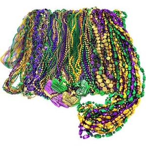 4E's Novelty Bead Assortment Mardi Gras Bulk (100 Pcs) - Metallic Purple, Gold, Green Necklaces, Unique Designs, Party Favors - 1 of 4