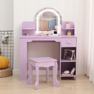 Kids Vanity with Lighted Mirror & Stool, Little Girls Vanity with Adjustable LED Light, Bookshelf, Storage Drawer & Shelves for Girls 3-9 - 1 of 4