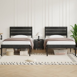 VECELO Platform Bed Frame With Rustic Vintage Wood Headboard and Footboard, Sturdy Metal Slats, No Box Spring Required - 1 of 4