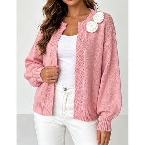 Women 3D Floral Open‑Front Knit Cardigan Crew Neck Puff Long