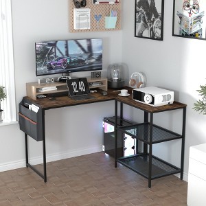 VECELO L Shaped Computer Desk Industrial Corner Gaming Desk with 2-Tier Open Shelf and Storage Pocket Brown - 1 of 4