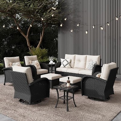 LayinSun Outdoor Patio Furniture Set, Black Rattan Wicker Sectional Swivel Rocker Chairs Sets