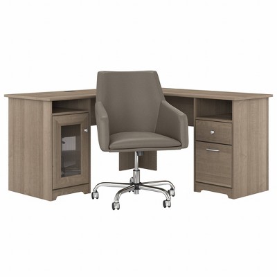 Cabot 60W L Shaped Computer Desk with Mid-Back Leather Box Chair Ash Gray - Bush Furniture