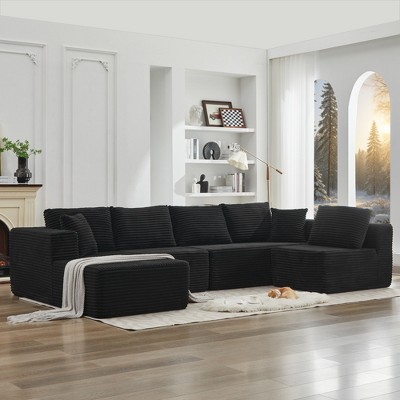 137.8" Corduroy Upholstery U-Shaped Cloud Modular Sectional Sofa with Left Chaise and Pillows, All-Foam Compression Design