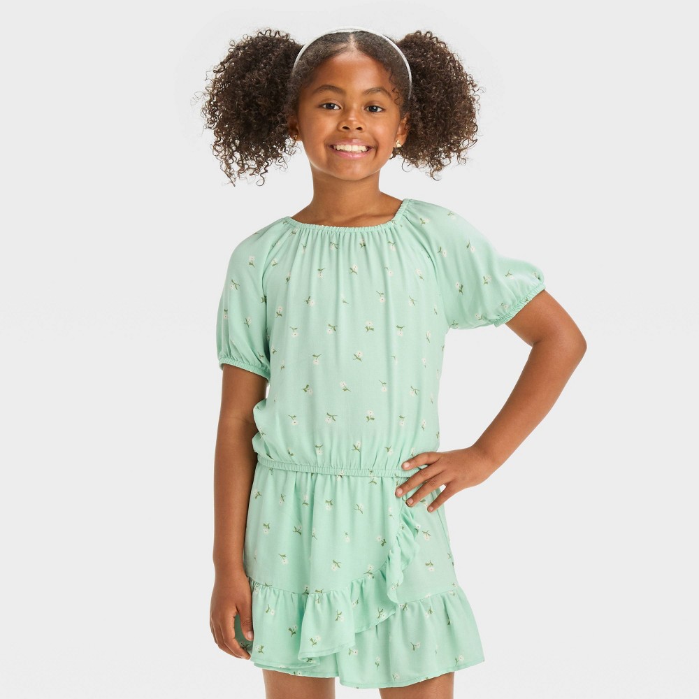 Girls' Short Sleeve Floral Woven Top - Cat & Jack™ Mint Green de M