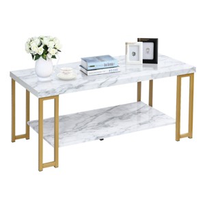 Modern Coffee Table Faux Marble Top Accent Cocktail Table w/Gold Metal Frame - 1 of 4