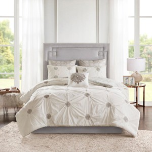 AENKYO King Cotton Comforter Set, Textured Luxury Embroidered Design 6-Piece All-Season Bedding with Sham & Decor Pillows, Ivory - 1 of 4