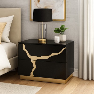 Royal Hampton Nightstand, 2 Drawers, Gold and Black Solid Wood, 28 Inch