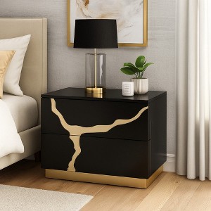 Royal Hampton Nightstand, 2 Drawers, Gold and Black Solid Wood, 28 Inch - 1 of 4