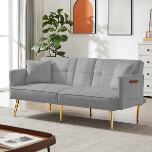 69.2" Convertible Futon Sofa Bed With 2 Pillow, Loveseat Sleeper Sofa with Adjustable Backrest, Velvet Futon Couch for Guest Room Living Room - 1 of 4
