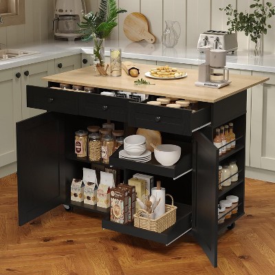 Rolling Kitchen Island Cart with Drop Leaf, Mobile Island Cabinet, Kitchen Storage Cabinet on Wheels, 3 Drawers, Spice Rack, Towel Rack, Black