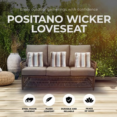 Positano Beige Wicker 3-Seater Outdoor Loveseat with Cushions