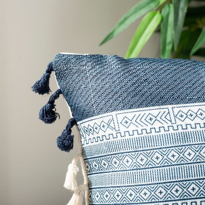 Deep Blue and Gray Geometric Tassel Throw Pillow 16"