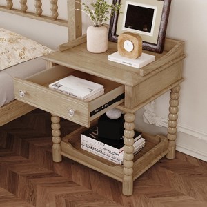 Retro Style Nightstand with Drawer and Open Shelf for Bedroom, Bedside Table with Turned Legs and Metal Handle - 1 of 4