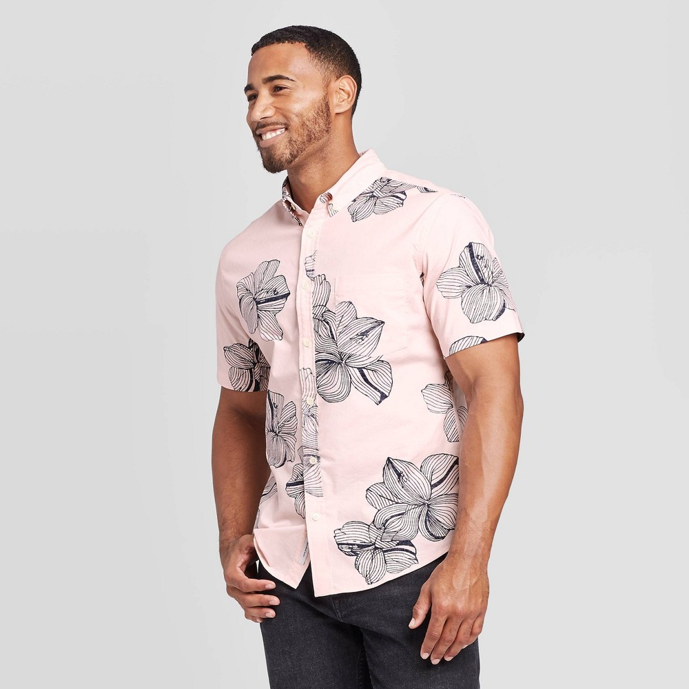 Men's Floral Print Slim Fit Short Sleeve Poplin Button-Down Shirt - Goodfellow & Co Pink L, Men's, Size: Large was $19.99 now $12.0 (40.0% off)