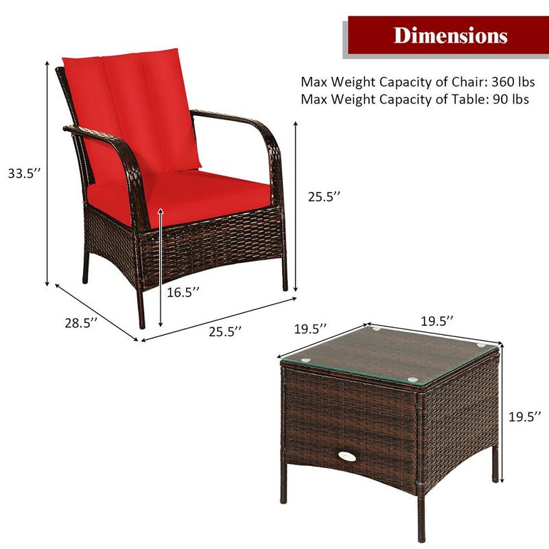 Costway 3 PCS Patio Rattan Furniture Set Coffee Table & 2 Rattan Chair W/Red Cushions, 3 of 11