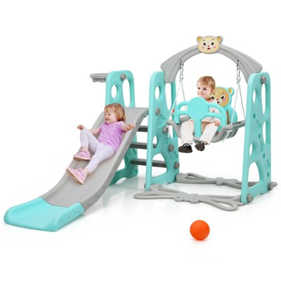 Babyjoy 4-in-1 Toddler Climber and Swing Set w/ Basketball Hoop & Ball Green