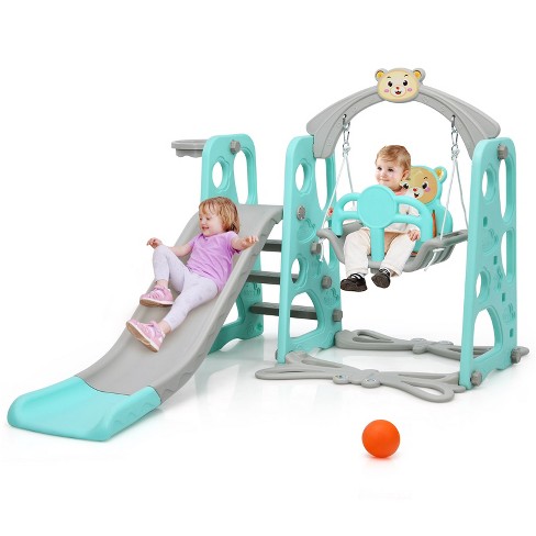 Toddler Climber and Swing Set Playground Equipment Set Easy Climb Stairs Kids Playset for Both Indoors & Backyard 3 in 1 Climber Slide Playset w/Basketball Hoop 