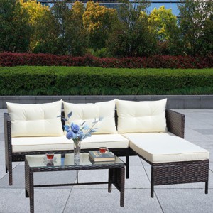 Outdoor 3 Pcs Furniture Set, Sofa Set with 4 Seaters, Sofas with Loveseat and Glass Top Table, Rattan Sofas with PE Cushions-Coolbibila - 1 of 4