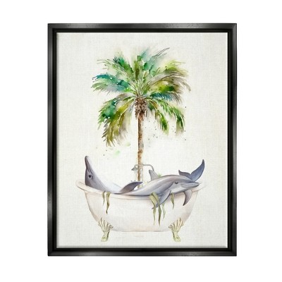 Stupell Industries Tropical Dolphins Bathroom Tub Framed Canvas