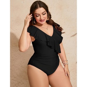 Plus Size Womens One Piece Swimsuit V Neck Ruffle Sleeve Bikini Swimwear - 1 of 4