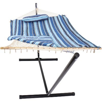 Sunnydaze Cotton Rope Freestanding Hammock with Spreader Bar with Portable Steel Stand and Pad and Pillow Set - 12' Stand