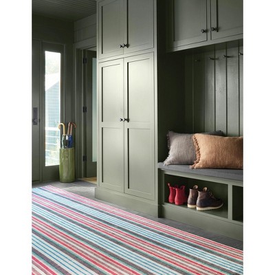 Red and Multicolor Striped Synthetic Washable Rectangular Rug