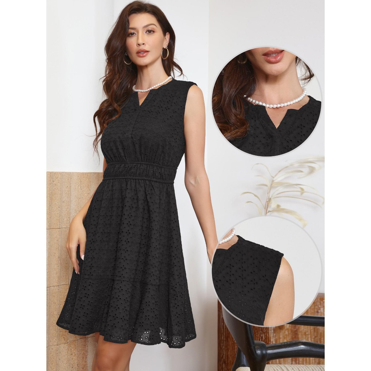 Женские платья INSPIRE CHIC Women's Summer Sleeveless V Neck Eyelet Hollow Out A Line Mini Dresses Medium Black — фото 2