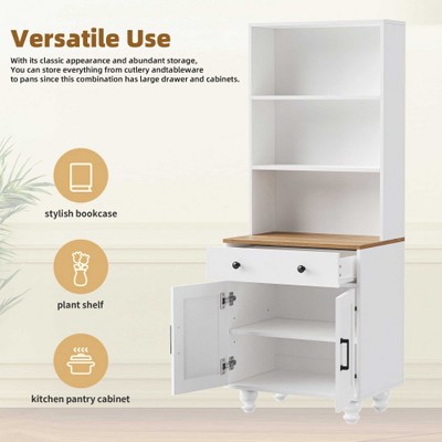 Versatile use of the white cabinet as bookcase, plant shelf, pantry cabinet