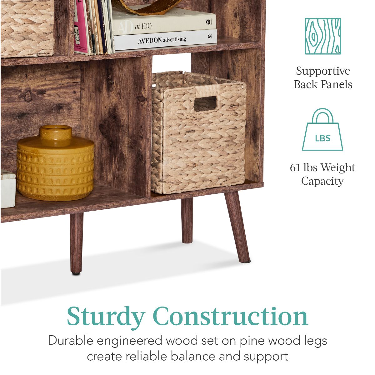 Best Choice Products 3-Tier Mid-Century Modern Wooden Bookcase w/ Removable Back Panels, Offset Pine Legs - Brown - thumbnail 6