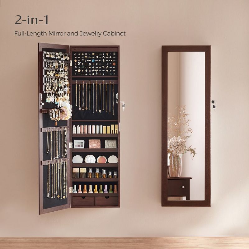 SONGMICS 6 LEDs Mirror Jewelry Cabinet, 47.2-Inch Tall Wall/Door Mounted Jewelry Armoire Organizer, 4 of 9