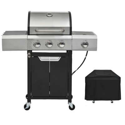 3-Burner Propane Gas Grill in Stainless Steel with Side Burner, Condiment Rack and Built-in Thermometer with Grill Cover