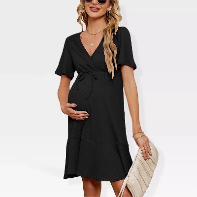 Womens Maternity Dress V Neck Ribbed Knit Short Sleeve Ruffle Dress Wrap Front Tie Dress for Pregnancy Baby Shower Photography