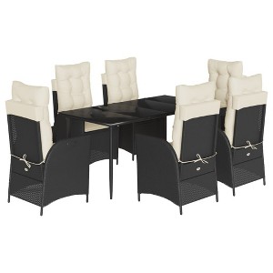 vidaXL 7 Piece Patio Dining Set - Reclining Chairs, Cushions, Glass Table - Garden/Backyard/Deck - PE Rattan, Black - 1 of 4
