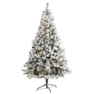 Nearly Natural 7' Flocked White River Mountain Pine Prelit LED Artificial Christmas Tree with Pinecones - 1 of 1