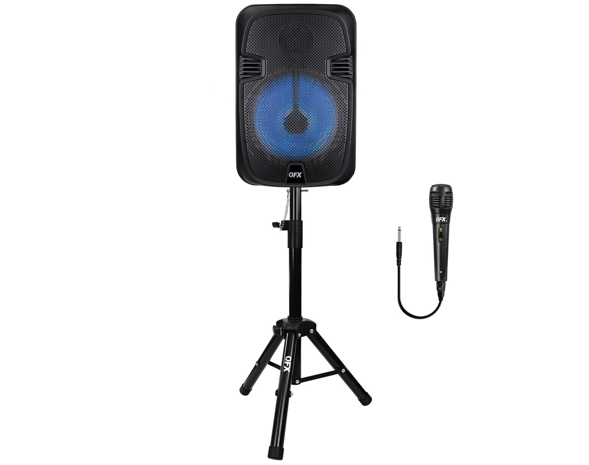 QFX® PBX-1206SM 12-In. 21-Watt True Wireless Stereo Bluetooth® Rechargeable Speaker with Wired Microphone, Stand, and Remote in Black