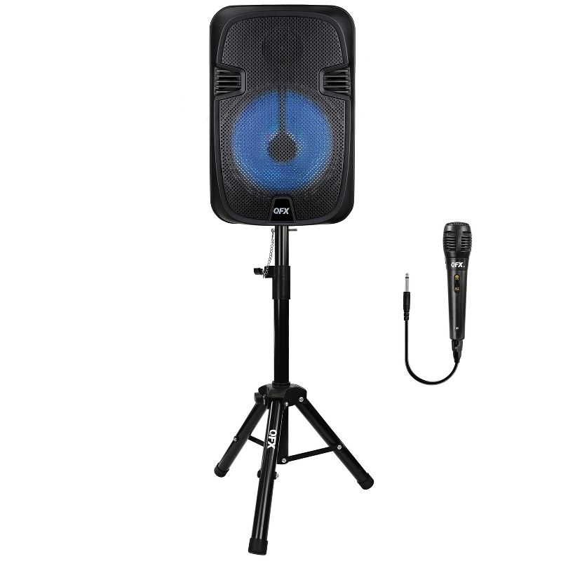 QFX® PBX-1206SM 12-In. 21-Watt True Wireless Stereo Bluetooth® Rechargeable Speaker with Wired Microphone and Stand, 1 of 7